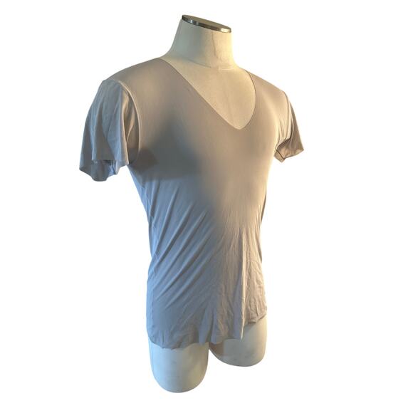 Men S Chest 35-38" Uniqlo Airism V-Neck Short Slv Tan Tee Shirt Top Lightweight - Picture 1 of 7